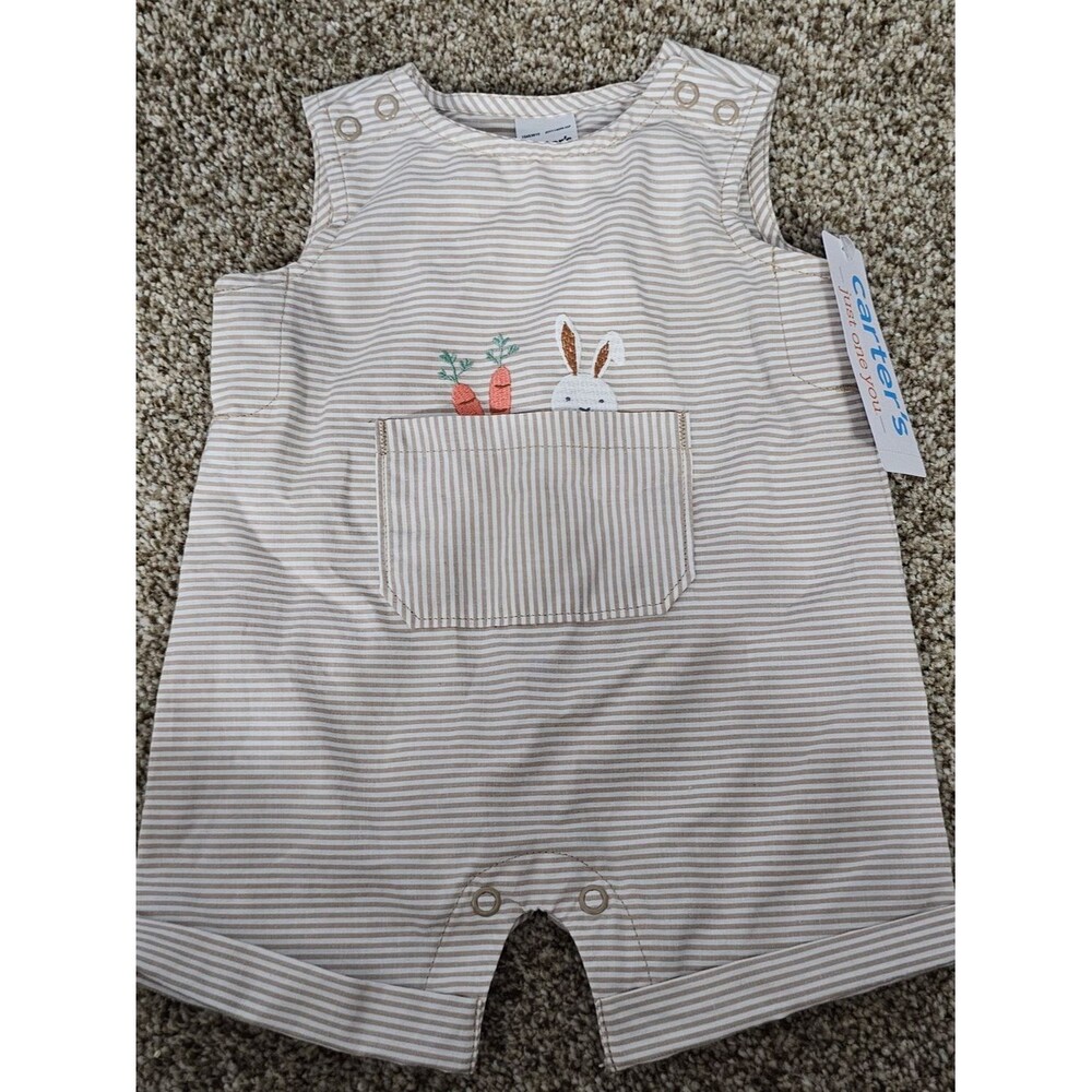 Carter's Striped Bunny & Carrot Pocket Romper - Beige/White NWT